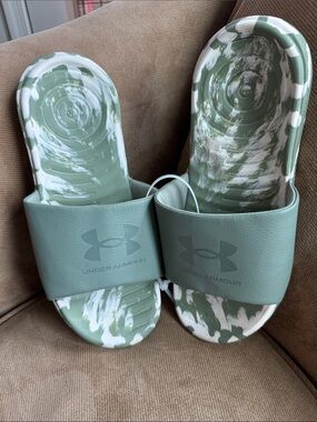 Under Armour Sage Green Camo Slide Sandals